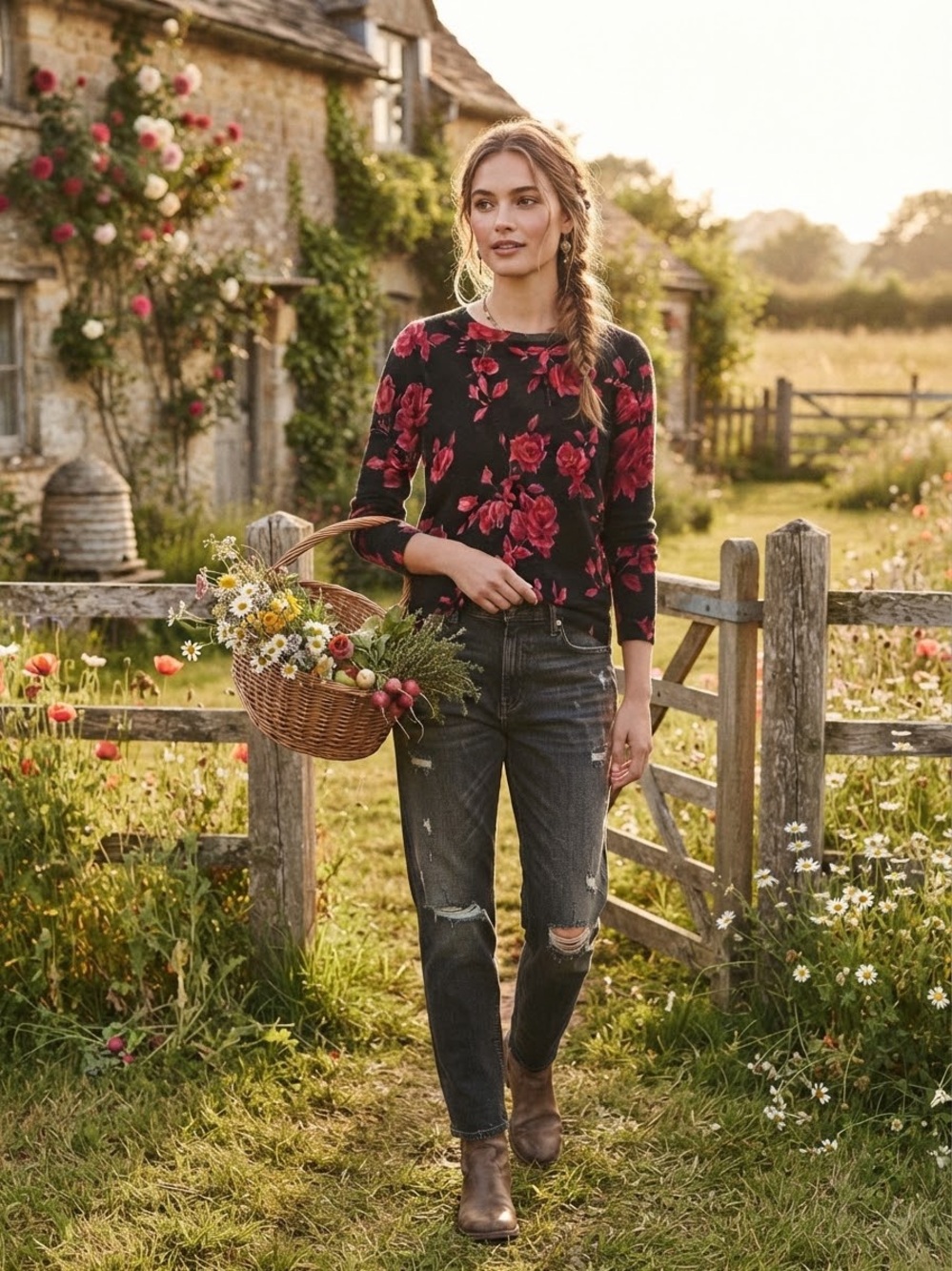 Talbots Pure Merino Wool Rose Floral Pullover Sweater Black Pink Red L